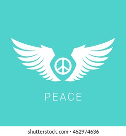 White peace symbol. Isolated on turquoise background. Free space for text. Vector illustration.