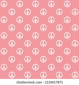 White peace symbol on pink background. Peace pattern on pink backdrop.
