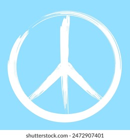 White Peace symbol painted with a brush on a blue background. Symbol of Peace. Vector illustration