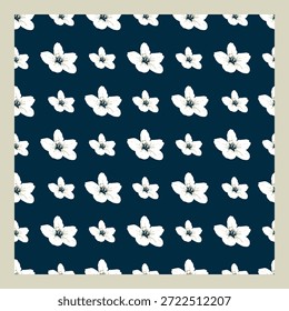 Weiße Pfirsichblüten und tiefblaues Hintergrundmuster. Ideal für Frühlingsdesigns, Stoffdrucke, Schreibwaren, Verpackungen, Tapeten und florale Themenprodukte.