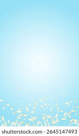 White Peach Flying Vector Blue Background. Beige Blur Sakura Texture. Delicate Petal Falling Cover. Yellow Floral Beauty Illustration. Japan Cherry Wallpaper.