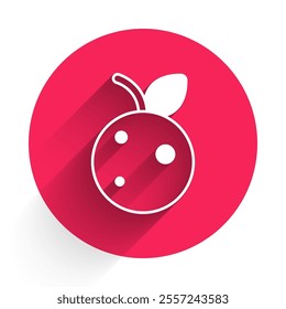White Peach fruit or nectarine with leaf icon isolated with long shadow background. Red circle button. Vector