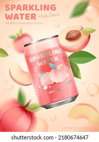 White peach sparkling water ad template. 3d illustrated sparkling water can with geometric peach and fruit slices floating in motion