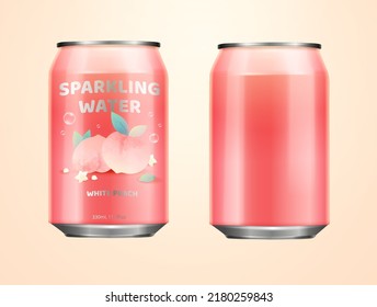 White peach sparkling water can mockup. 3d illustrated pink can package design isolated in pastel background, one with label and one without