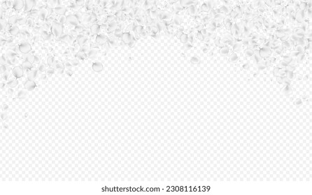 White Peach Vector Transparent Background. Gray Tender Floral Template. Fall Cherry Frame. Snowy Sakura Blur Pattern.