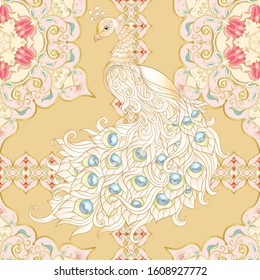White Peacock bird seamless pattern, background with eastern ethnic motif. Colored vector illustration.