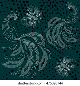 White peacock and butterflies pattern on turquoise background