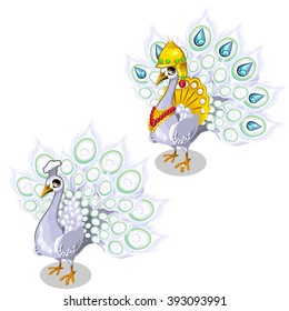 White peacock in a gold helmet with gems. Vector illustration.