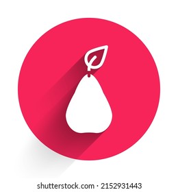 White Pear icon isolated with long shadow background. Fruit with leaf symbol. Red circle button. Vector
