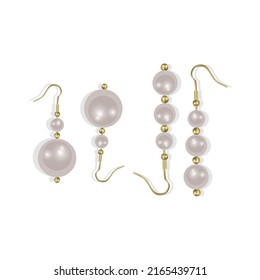 White pearl beads and pearl earrings realistic illustration in vector format