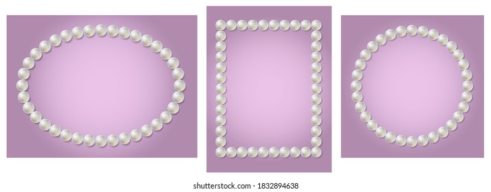 White pearl beads frame set. Round, square, oval border with shadow on soft purple background. 3D vector decoration, greeting card, wedding design, jewelry element, necklace, chain.