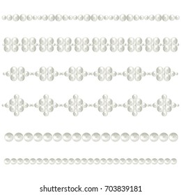 White pearl borders. Vector bride pearls vintage accessories necklace patterns isolated on white. Elegant luxury decoration feminine with pearl bead illustration