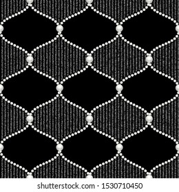 White pearl chain grid seamless on black background. Fashion illustration. Seamless pattern abstract design.Idea for material, textile, wallpaper, fabric design. Black and white monochrome texture.