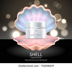 White pearl cream for skin care inside open pink seashell commercial poster realistic vector illustration with glimmers on background.