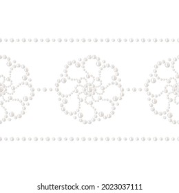 White pearl decorative border. Embellishment of realistic white pearl. Spiral seamless pattern. Precious bracelet jewelry print. Can be used for wedding decor, textile or gift paper. 