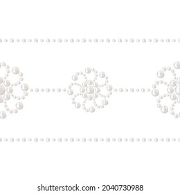 White pearl decorative border. Embellishment of realistic white pearl. Spiral seamless pattern. Precious bracelet jewelry print. Can be used for wedding decor, textile or gift paper. 