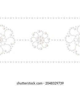 White pearl decorative border. Embellishment of realistic white pearl. Spiral seamless pattern. Precious bracelet jewelry print. Can be used for wedding decor, textile or gift paper. 