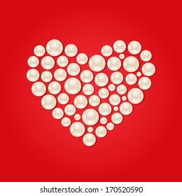 White Pearl Heart on Red Valentine Day Background. Vector Illustration