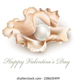 White pearl in an open shell, isolated on a white background. Valentine's Day gift. Vector illustration