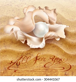 White pearl in an open shell, isolated on a sand background. Vector illustration