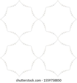 White pearl seamless pattern of Moorish trellis inspired by Alhambra palace wall ceramics, Granada, Spain. Abstract monochrome dotted background. Islamic ornament. Vector illustration.