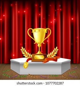 White pedestal with awards, streamers on floor, realistic composition on background of red sparkling curtain vector illustration