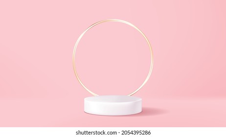 White pedestal or podium with gold ring on pastel pink background for product demonstration.  Vector illustration.
