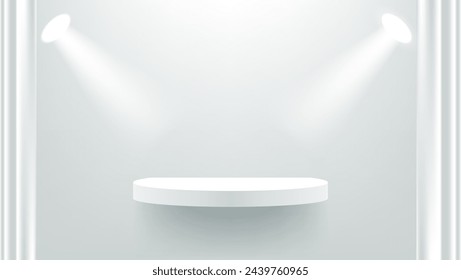 white pedestal podium with light and curtains for display product presentation. vector illustration