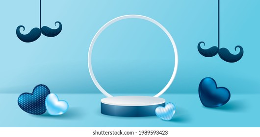 White pedestal or podium with mustache and hearts on blue background for product demonstration.  Vector illustration for Father's day.