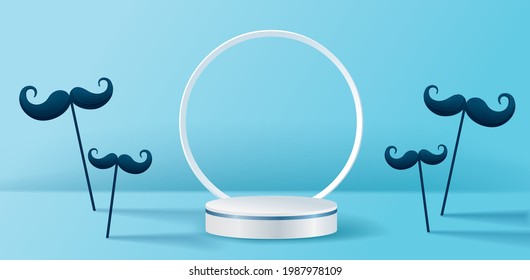 White pedestal or podium with mustache on blue background for product demonstration.  Vector illustration for Father's day.