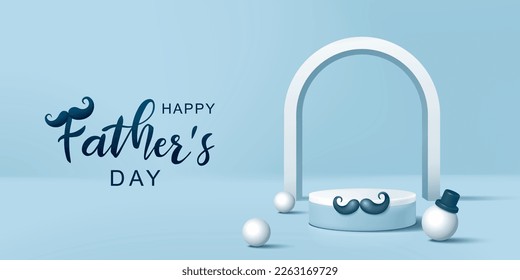 White pedestal or podium with mustache on blue background for product demonstration.  Vector illustration for Father's day.