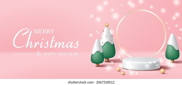 white pedestal or podium with pine trees, snow and pearls on pink background.  Christmas concept. Vector illustration for product demonstration, banner, poster, flyer, advertisement.