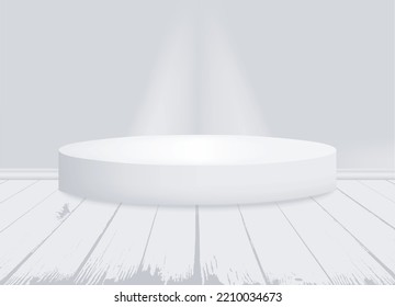 Weiße Podest oder Szene mit Licht in einem Studio oder Zimmer. Vektorrealistisches Mock-Up. Runde Werbeplakette oder Produktständer auf dem Holzfußboden. 