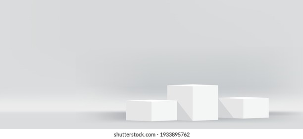 white pedestal stage for cosmetics make-up product showcase, modern podium 3 step for product display, podium pedestal three layer for advertising background, copy space, 3d illustration