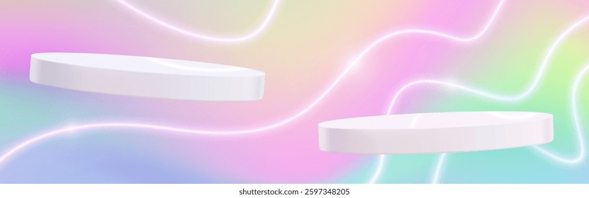 White pedestal stage podiums on holographic background - futuristic platforms floating in neon glowing space. Glossy 3d illuminated display stands. Pastel iridescent product showcase pedestals.