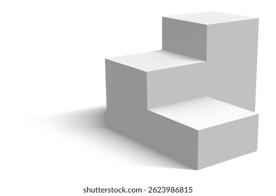 White pedestal with three steps casting a shadow on a white background, representing a concept of growth, achievement, and progress towards success