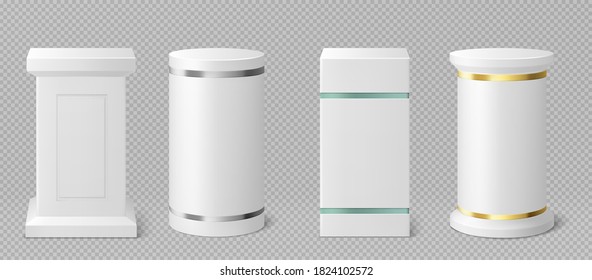 White pedestals or podiums with gold, glass and silver decor. Abstract empty museum stages, exhibit displays. Gallery platform, round and square blank product stands or pillars Realistic 3d vector set