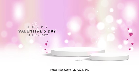 White pedestals for product Valentine day display on bokeh soft pink background. Vector illustration.