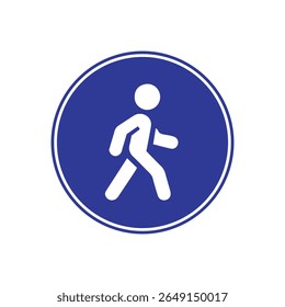 Um símbolo de pedestre branco se desloca para a direita dentro de um círculo azul, contornado em branco. A imagem é bem iluminada, criando um design gráfico limpo com um humor simples e instrutivo.
