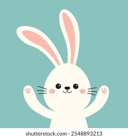 Weißer, guckender Kaninchenkopf. Waving Hand Pfotenabdruck. Frohe Ostern. Nette Cartoon Kawaii lustige Baby-Charakter. Nutztier. Kinderstil. Flaches Design. Blauer Hintergrund. Vektorgrafik