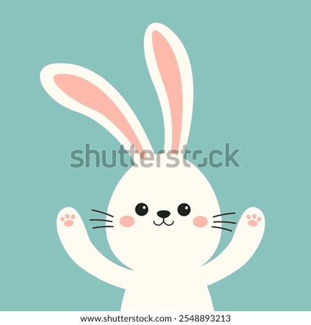 White peeking bunny rabbit head face. Waving hand paw print. Happy Easter. Cute cartoon kawaii funny baby character. Farm animal. Childish style. Flat design. Blue background. Vector illustration