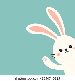 White peeking rabbit bunny head face from the corner. Waving hand paws. Happy Easter. Cute cartoon kawaii funny baby character. Farm animal. Childish style. Flat design. Blue background. Vector