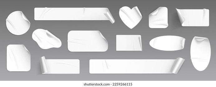 Weiße Schale aus realistischem Papieraufkleber, einzelne Vektorgrafik. Rundes, 3D-Etikett mit Falte. Abenteuer mit quadratischer Note. Stille ovale und rechteckige Postit-Elemente für Werbung.