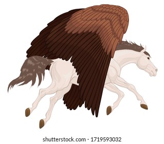 White Pegasus flies with brown wings lowered down. Mythological horse runs through the sky. Colored vector clip art and design element for magical themes.