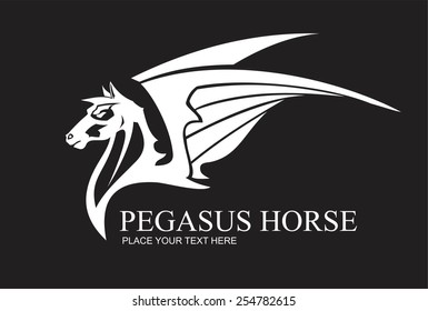 White pegasus horse, combine with text. suitable for team identity, sport club logo or mascot, insignia, embellishment, emblem, illustration for apparel, equestrian club, motorcycle community, etc