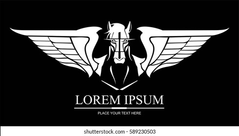 white pegasus horse logo on black background.