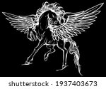 white pegasus, mythological winged horse, illustration silhouette in black background