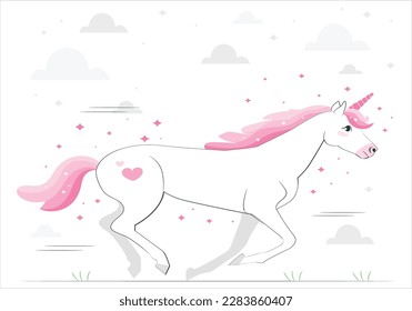 White Pegasus unicorn in a cliff high Running to the clouds. riding unicorn. Pink unicorn with the wings reared. Art. Beautiful illustration of cute little smiling unicorn with mane rainbow colors.