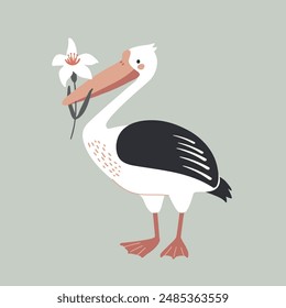 white pelican bird with flower in beak, flat style vector illustration