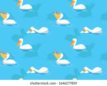 White Pelican Eating Cartoon Vector Seamless Background Wallpaper-01